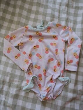 Kids Long Sleeve One-Piece Swimsuit - Pastel Smile Print